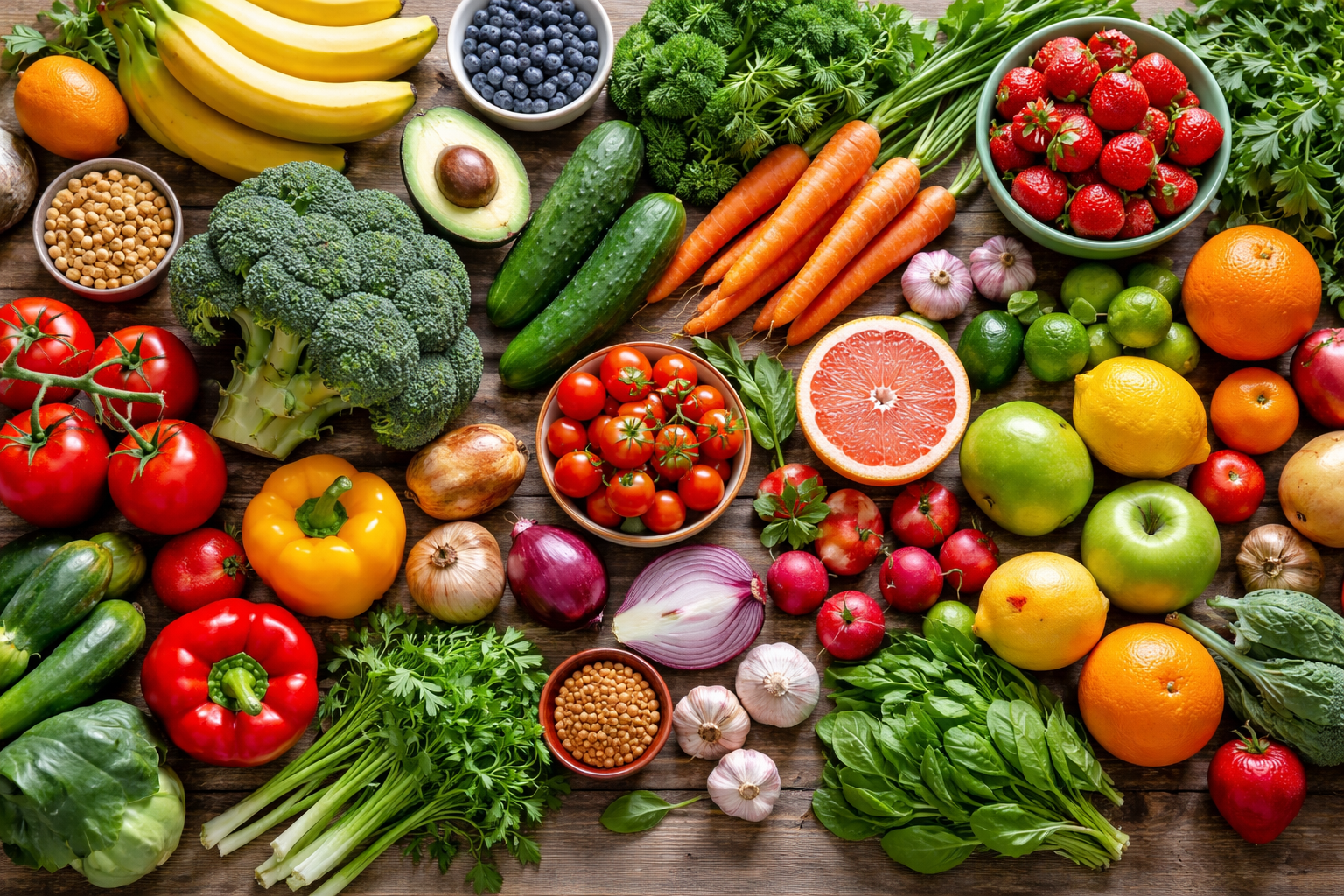 Fresh colorful vegetables and fruits arranged on wooden table, natural daylight, healthy eating concept, top view